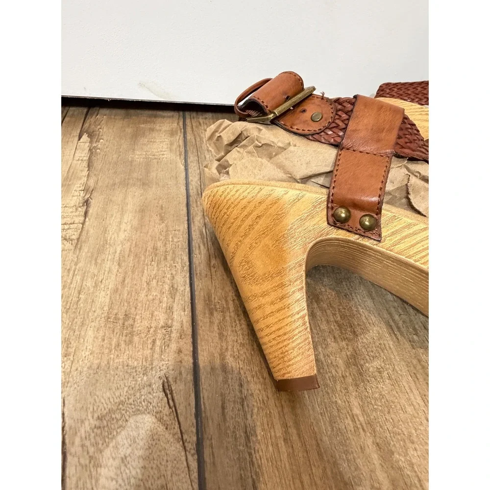 GH Bass Sadie Woven Leather Wood Platform Sandals Brown boho strap's braided